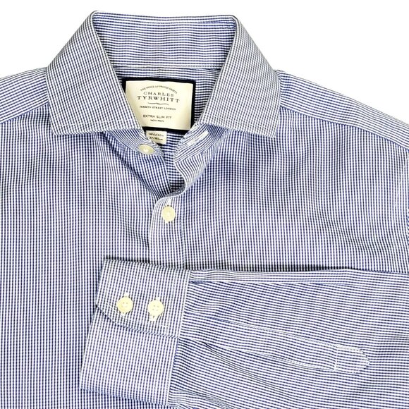 Charles Tyrwhitt Men Shirt Size 14.5 Blue White Extra Slim Fit Non Iron - Picture 1 of 6